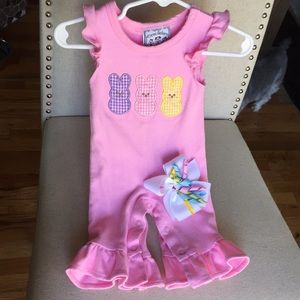 Three Sisters Easter jumpsuit with matching bow.